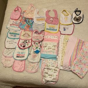 23 Bibs, 9 Burp Cloths, 5 Swaddle Blankets